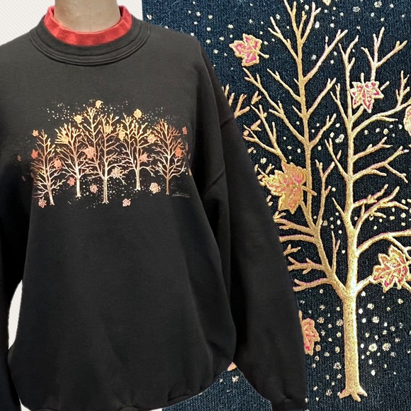 VINTAGE 90s autumn bronze tree leaves graphic double crewneck sweatshirt sweater - Picture 1 of 13